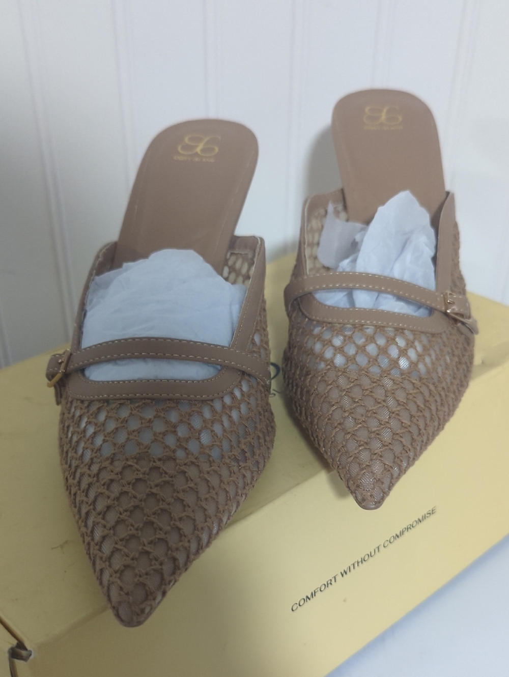 Woven Pointed-Toe Tan Slip-On Mules with Slim Strap